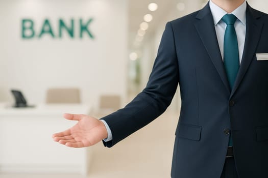 AI generated image of a professional bank staff in formal attire gesturing to welcome clients into a contemporary bank lobby.