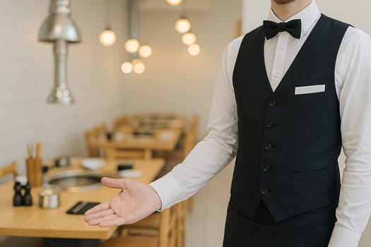 AI generated image of a Korean waiter in uniform gesturing to invite diners into a vibrant Korean BBQ restaurant.