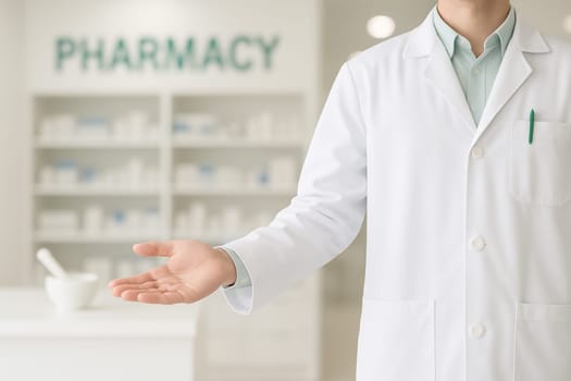 AI generated image of a pharmacist in white coat gesturing to invite customers into a well-organized pharmacy.
