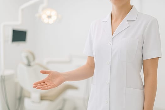 AI generated image of a dentist in white coat standing at the edge of the frame gesturing to welcome a patient into a modern dental clinic treatment room.