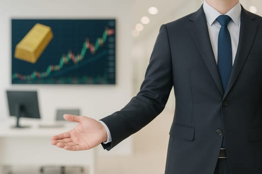AI generated image of a professional financial advisor in business suit gesturing to welcome clients into a sophisticated trading room featuring multiple screens displaying real-time gold price charts
