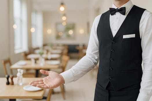 AI generated image of a professional waiter in uniform gesturing to invite diners into a western restaurant. The scene conveys warm hospitality, casual fine dining atmosphere and friendly service