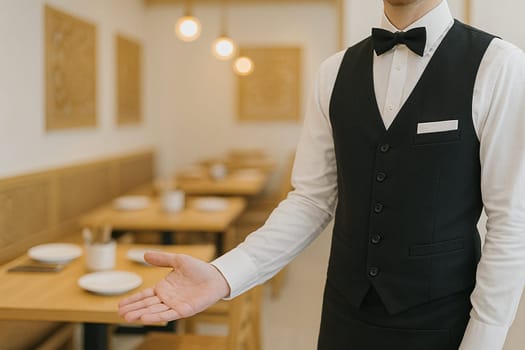 AI generated image of a Thai waiter in traditional uniform gesturing to invite diners into a vibrant Thai restaurant.