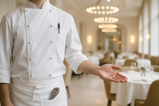 AI generated image of an executive chef in full whites gesturing to welcome diners into an elegant fine dining restaurant in a hotel.