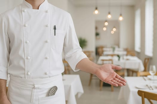 AI generated image of a professional chef in traditional white uniform gesturing to welcome diners into an elegant western restaurant. 