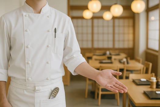 AI generated image of a professional Japanese chef in traditional uniform gesturing to invite diners into an authentic sushi restaurant.
