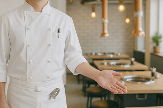AI generated image of a Korean chef in traditional uniform gesturing to welcome diners into a vibrant Korean BBQ restaurant.