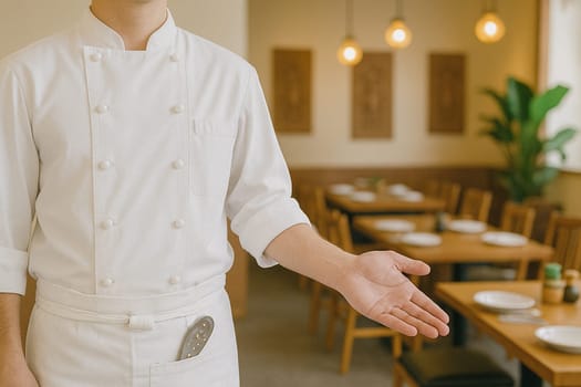 AI generated image of a Thai chef in traditional uniform gesturing to invite diners into a vibrant Thai eatery.