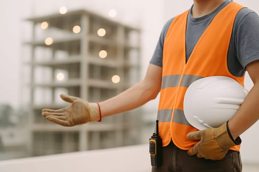 AI generated image of a construction worker in safety gear gesturing to invite people into an active construction site with visible steel structures, heavy machinery and ongoing building work.