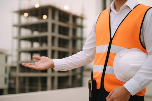 AI generated image of a construction engineer in safety vest and hard hat gesturing to welcome visitors into an active building construction site