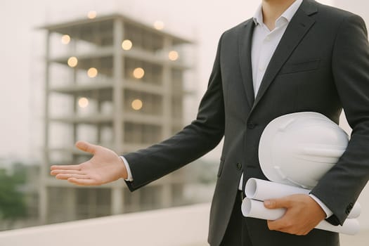 AI generated image of a professional architect in business attire gesturing to invite clients into an active construction site, showcasing blueprints and modern architectural design in progress.