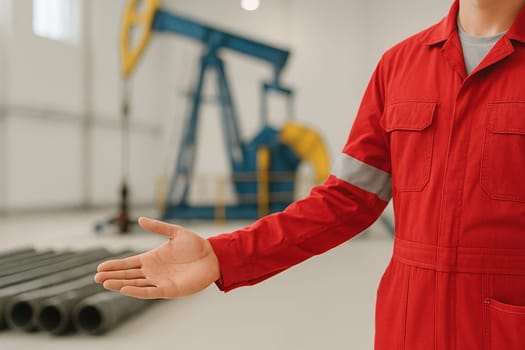 AI generated image of an oil rig worker in safety gear gesturing to welcome crew members onto an active offshore drilling platform, showcasing heavy industrial equipment