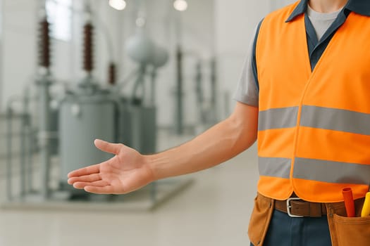 AI generated image of a professional electrician in safety gear gesturing to guide visitors into a modern power plant, showcasing high-voltage equipment and industrial energy infrastructure.
