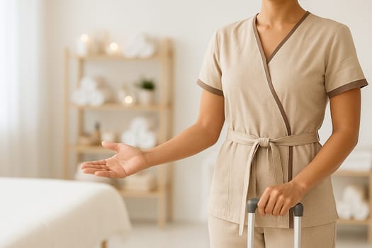 AI generated image of a professional spa therapist in uniform gesturing to welcome a client into a tranquil massage room with soft lighting, essential oils and comfortable treatment table