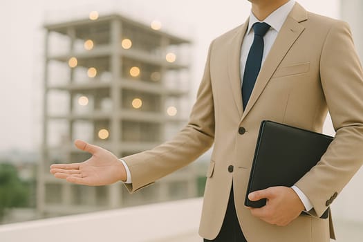 AI generated image of a professional sales representative in business attire gesturing to invite potential clients into a construction site
