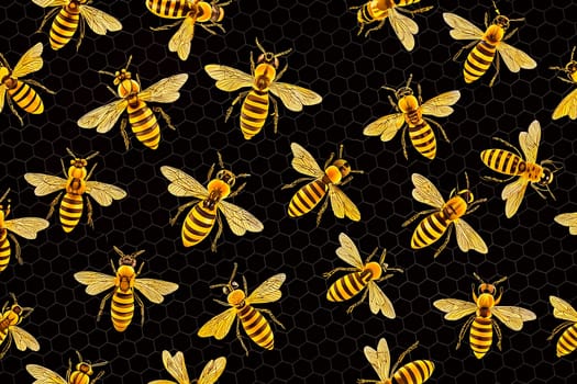 A sweet, thick substance produced by bees from the juices of flowers. A small worker bee collects honey nectar from white flowers.