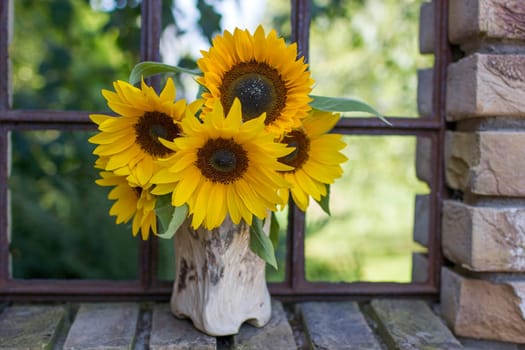 Sunflowers (helianthus) in a vase in old window