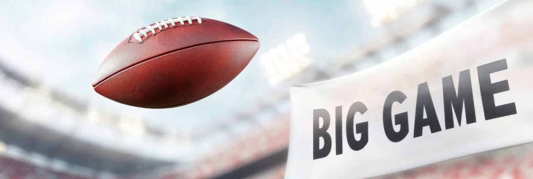 American football ball in motion at sport stadium with a big game text banner, background, AI generated