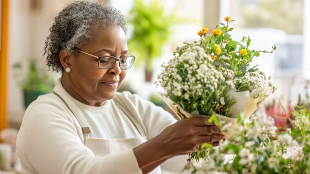 African american mature florist woman creates bouquet of flowers in flower store, AI Generated