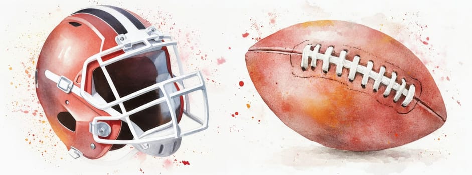 American football ball and helmet in watercolor style, sports concept, AI generated