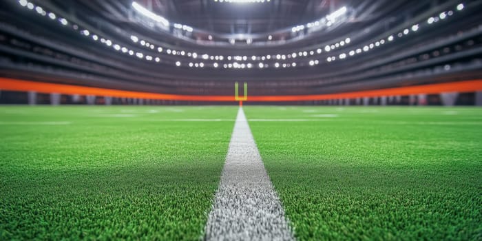 American football stadium field at night with bright lights and goalpost, background, AI generated