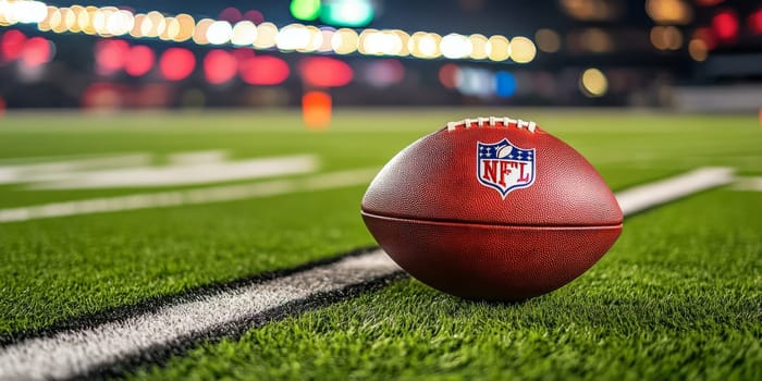 American football ball on green field with blurred stadium in background, AI generated