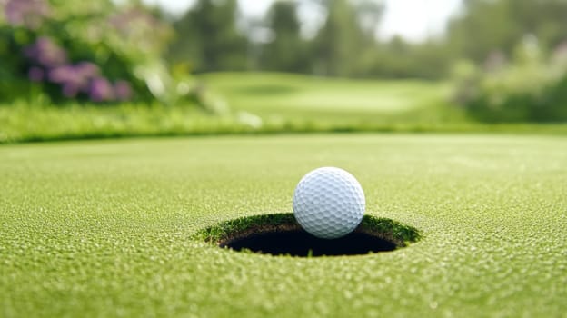 Golf ball near hole on green grass, concept of sport and leisure, AI Generated