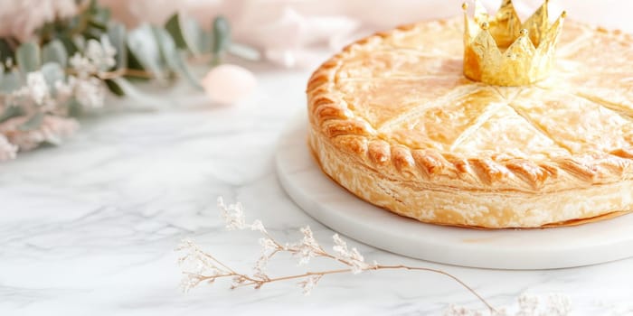 Three kings holiday festive cake topped with golden paper crown on a table, background, AI generated
