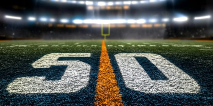 American football field view showcasing 50-yard line perspective, sports theme, background, AI generated