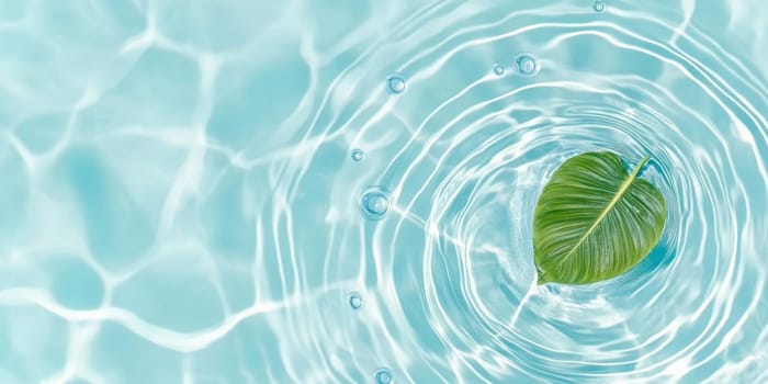 A green leaf floating on water showing ripples and bubbles, suitable as SPA background, AI generated