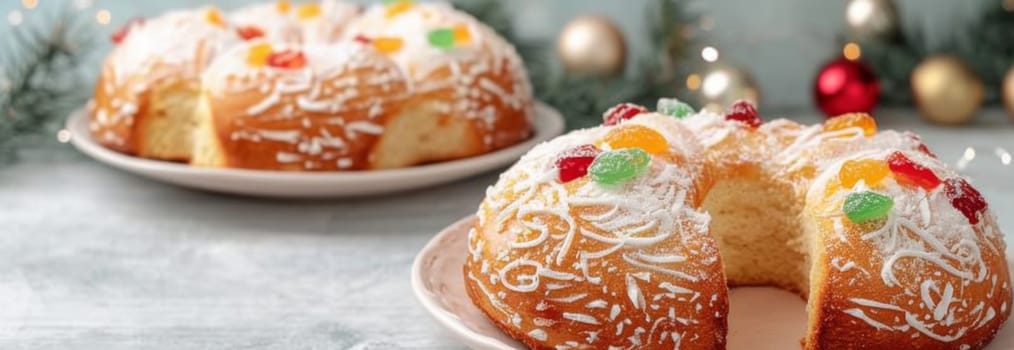 Three kings holiday festive fruitcake topped with colorful candied fruits on a table, background, AI generated