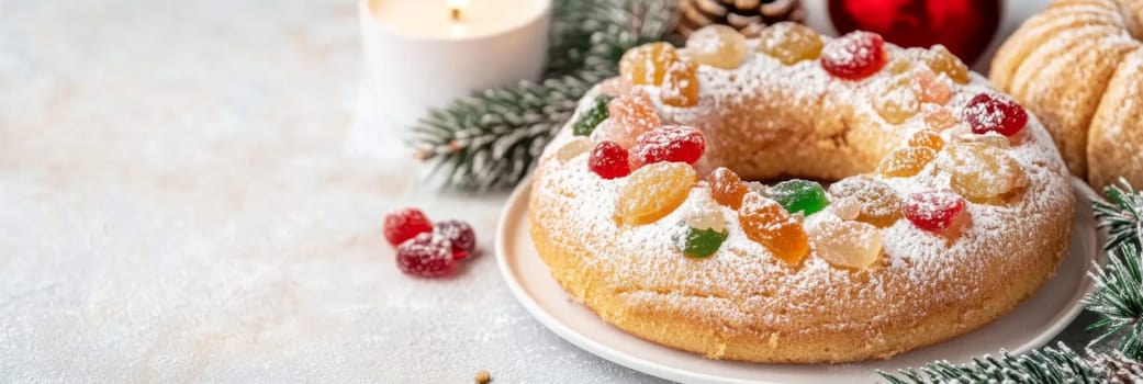 Three kings holiday festive fruitcake topped with colorful candied fruits on a table, background, AI generated