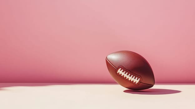 American football ball on solid pink surface, casting shadow, sports concept background, AI generated