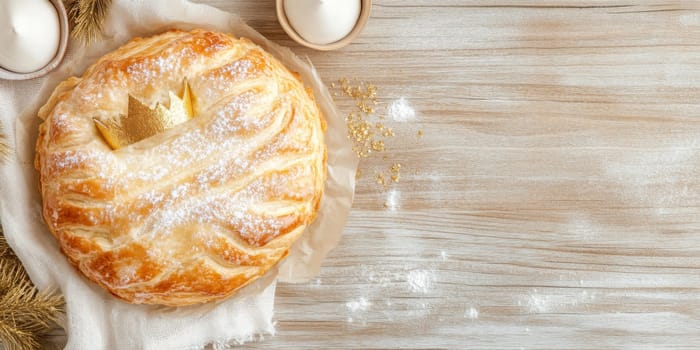Three kings holiday festive cake topped with golden paper crown on a table, background, AI generated