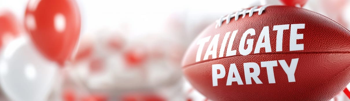 Tailgate party text with American football ball on foreground, festive decoration on banner background, AI Generated