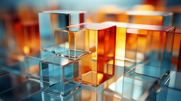 Abstract background of reflective neon purple, blue and orange glass cubes with copy space, AI generated