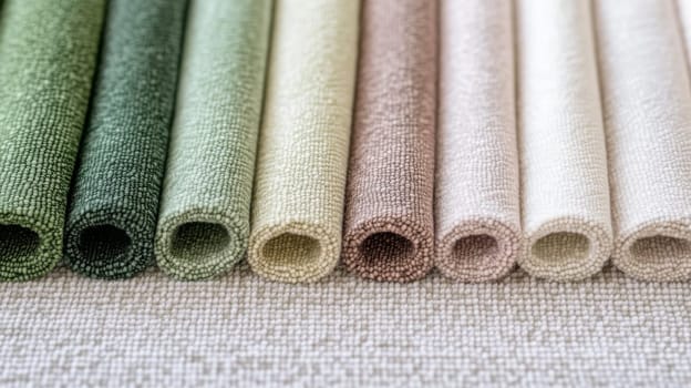 Chenille Fabric samples in various neutral colors close up arranged, texture detail, interior design palette background, AI Generated