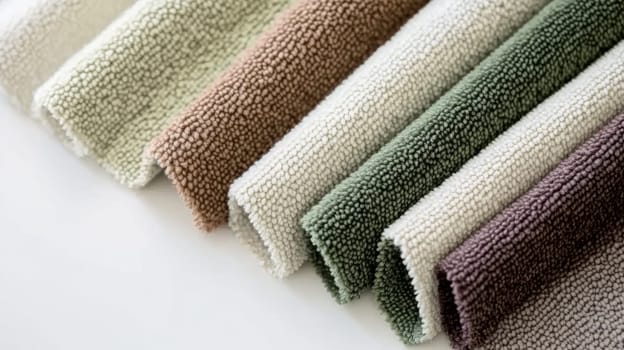 Chenille Fabric samples in various neutral colors close up arranged, texture detail, interior design palette background, AI Generated