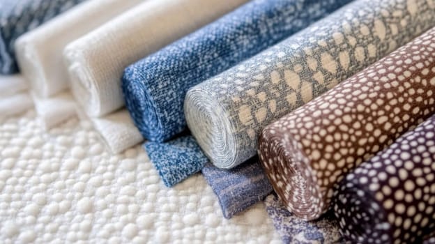 Boucle Fabric samples in various neutral colors close up arranged, texture detail, interior design palette background, AI generated