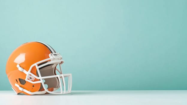 American football helmet on light blue surface, concept of sports and competition, AI Generated