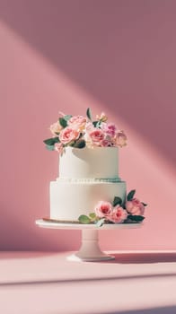 Wedding cake with beautiful flowers on solid pastel color background, copy space, AI Generated