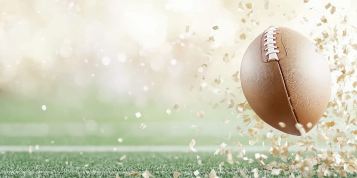 American Football ball and green field promotional banner background, AI generated