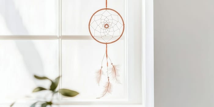 Dreamcatcher hanging in light airy room, boho decor background with copy space, AI generated