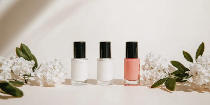 Nail polish bottles of neutral colors arranged on a marble background, AI Generated