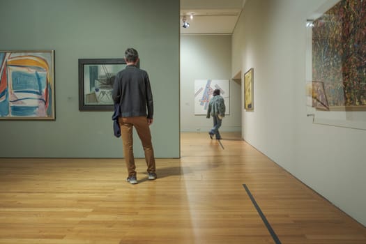 Jan 13, 2024 - Lisbon, Portugal: two visitors explore abstract artworks displayed on walls of Centro Cultural de Belem known as Berardo Museum, Lisbon, Portugal. One person contemplating contemporary artwork, other walking further into gallery