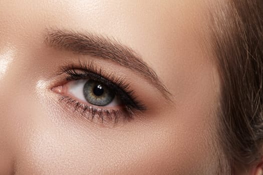 Beautiful Macro Female Eye with Extreme Long Eyelashes and Celebrate Makeup. Perfect Shape Make-up, Fashion Long Lashes. Cosmetics and make-up. Closeup macro shot of fashion eyes visage
