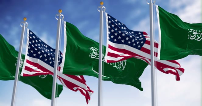 3D render of Saudi Arabia and United States flags waving side by side. Symbol of international identity, patriotism, and cultural unity between East and West