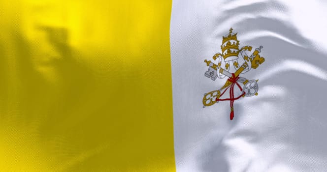 Flag of Vatican City waving in the wind . Vertical bicolour of gold and white with the coat of arms centred on the white portion. 3d illustration render. Fluttering fabric