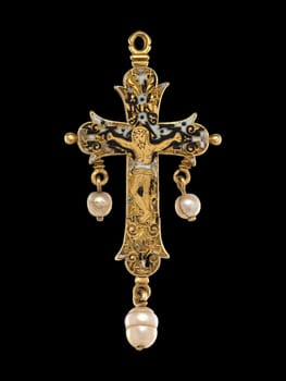 Ornate antique reliquary crucifix pendant, possibly Russian or Spanish, dating from the 17th-18th century. Features intricate gold detailing, enamel accents, and pearl drops. Evokes a sense of historical devotion and artistic craftsmanship.