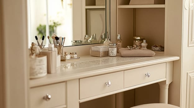 Refined English interiors with soft neutral tones, botanical art, fresh florals, classic panelled walls, and elegant furnishings for a feminine yet timeless home atmosphere
